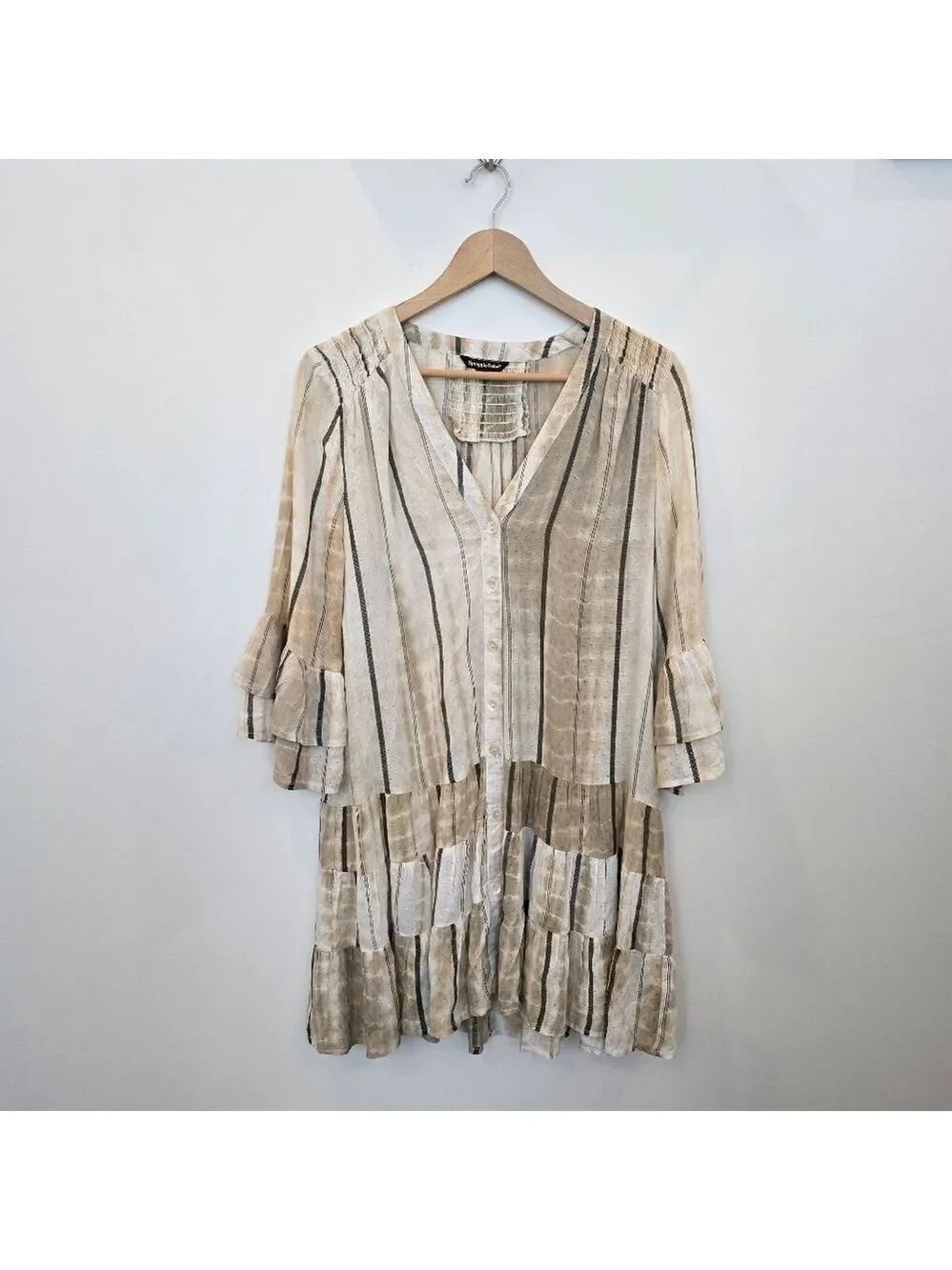 Spiaggia Dolce Striped Beige and White Ruffle Beach Swim Coverup Dress XS